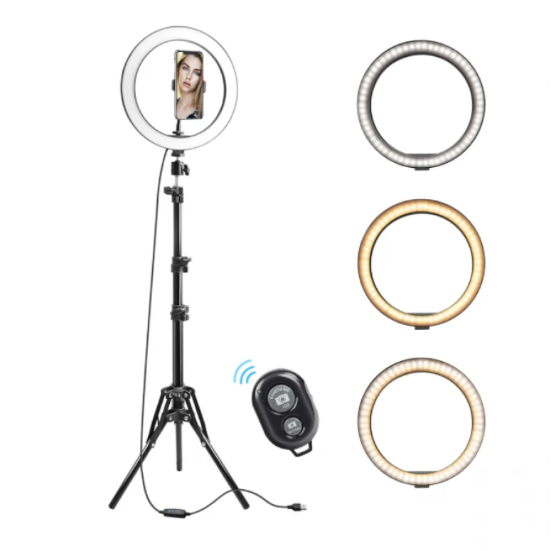 Lampa circulara LED selfie, 30 cm cu trepied telescopic si suport de telefon, telecomanda bluetooth declansatoare inclusa