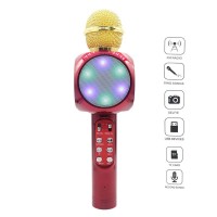 Microfon karaoke Bluetooth, FM, difuzor 3W, USB, slot SD, iluminat LED, rosu