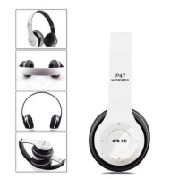 Casti wireless P47, Stereo Headphones, Fm Radio, MP3 Player, Microfon incorporat, Port Micro SD, Negru/Alb
