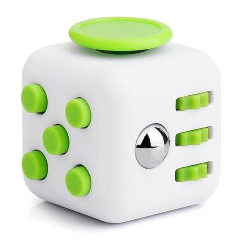 Cub antistres, Fidget cube cu latura anti-anxietate, alb-verde, 3x3x3 cm