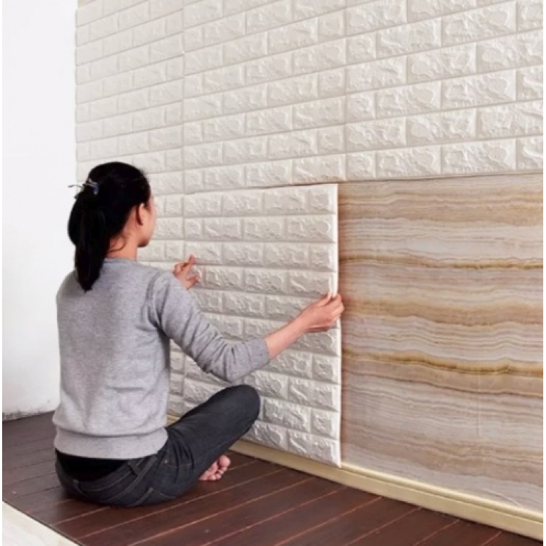Tapet 3D ALB GROS design perete modern din caramida in relief, Autoadeziv , 77x70 cm