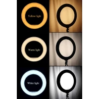 Lampa circulara Ring Light LED Make-UP 35cm/14inch , 3 moduri de lumina , 10 trepte reglaj , suport telefon , telecomanda selfie , trepied 210cm inclus