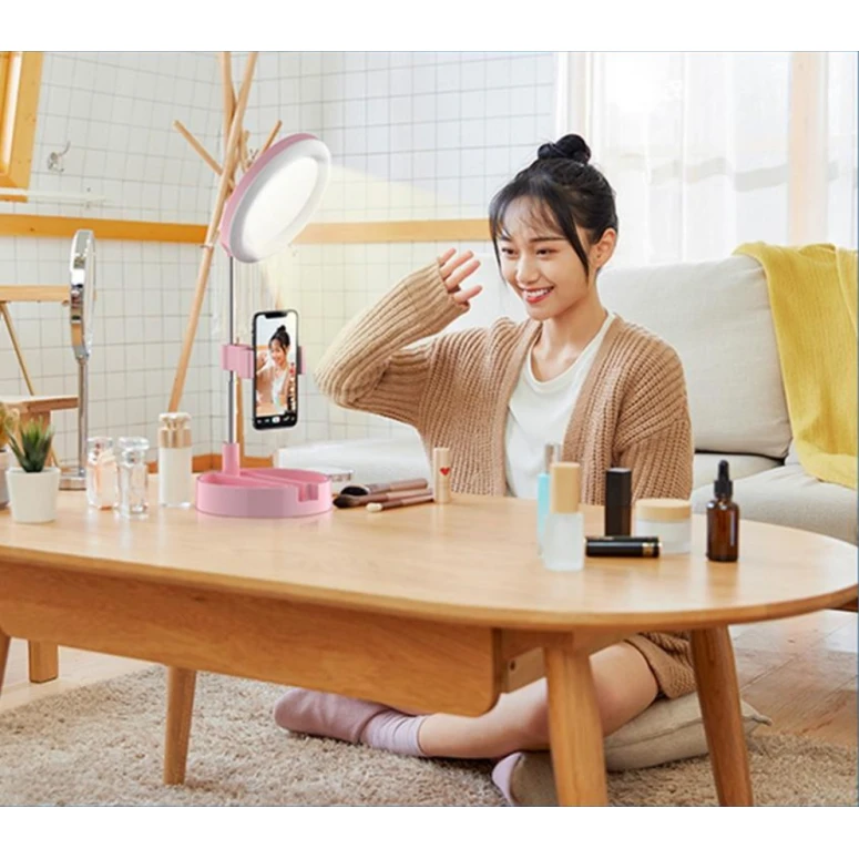 Lampa circulara MakeUp Selfie, cu suport telescopic si cutie de depozitare, roz, suport de telefon inclus, cablu usb, Urban Trends ®