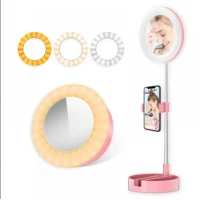 Lampa circulara MakeUp Selfie, cu suport telescopic si cutie de depozitare, roz, suport de telefon inclus, cablu usb, Urban Trends ®
