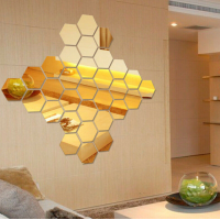 Set 24 stickere auto-adezive, tip oglinda decorativa, 3D, Hexagon,8 cm, Auriu