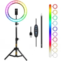 Lampa circulara 30cm Selfie Ring Light RGB, LED, conectare USB, 10 trepte reglaj, suport telefon