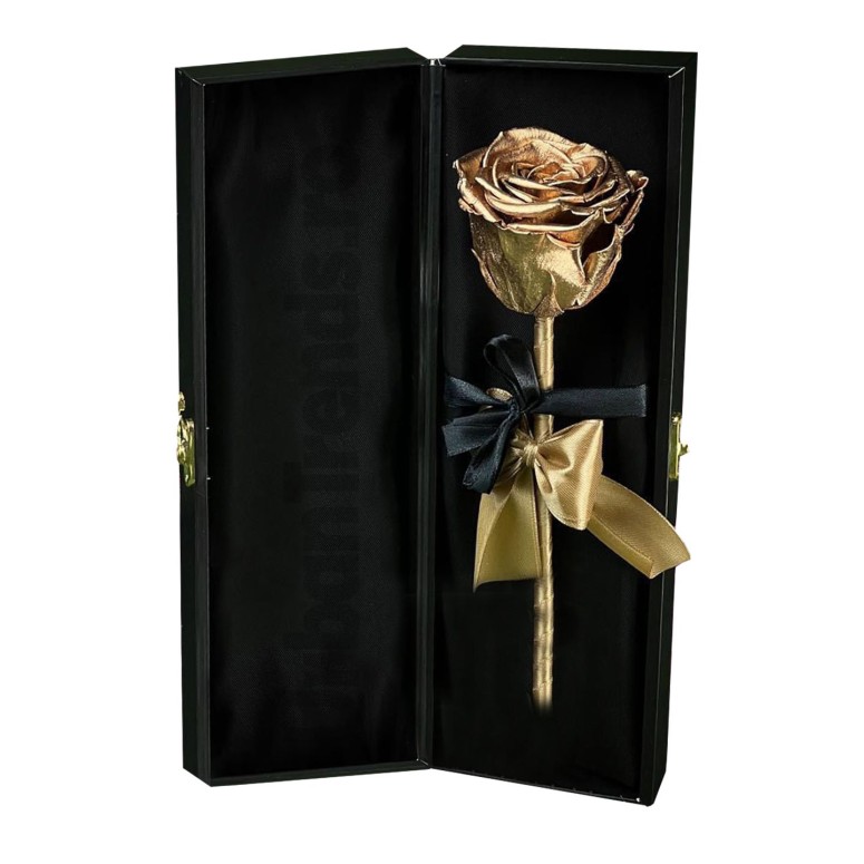 Trandafir criogenat auriu in cutie de catifea mesaj NSC