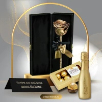 Set cadou Trandafir criogenat auriu in cutie de catifea "Pentru cea mai buna Mama din lume" + Bottega Prosecco Gold si Ferrero Rocher