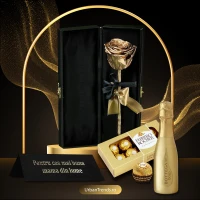 Set cadou Trandafir criogenat auriu in cutie de catifea "Pentru cea mai buna Mama din lume" + Bottega Prosecco Gold si Ferrero Rocher