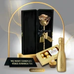 Set cadou Trandafir criogenat auriu in cutie de catifea "Nu sunt complet fara iubirea ta" + Bottega Prosecco Gold si Ferrero Rocher