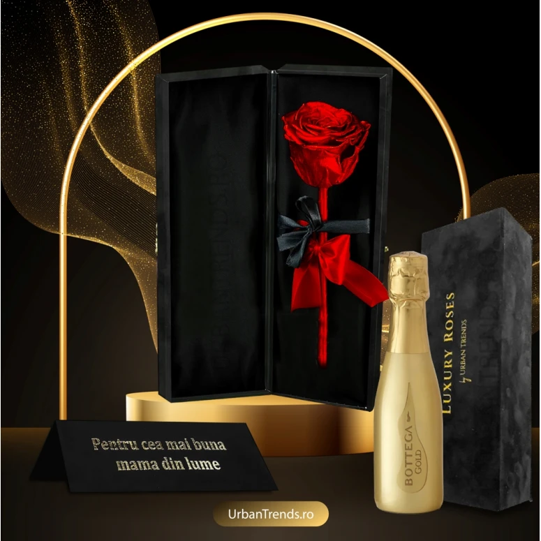Set cadou Trandafir criogenat Rosu in cutie de catifea "Pentru cea mai buna Mama din lume" + Bottega Prosecco Gold