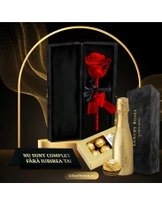 Set cadou Trandafir criogenat Rosu in cutie de catifea "Nu sunt complet fara iubirea ta" + Bottega Prosecco Gold si Ferrero Rocher