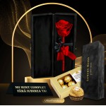 Set cadou Trandafir criogenat Rosu in cutie de catifea "Nu sunt complet fara iubirea ta" + Cutie bomboane Ferrero Rocher