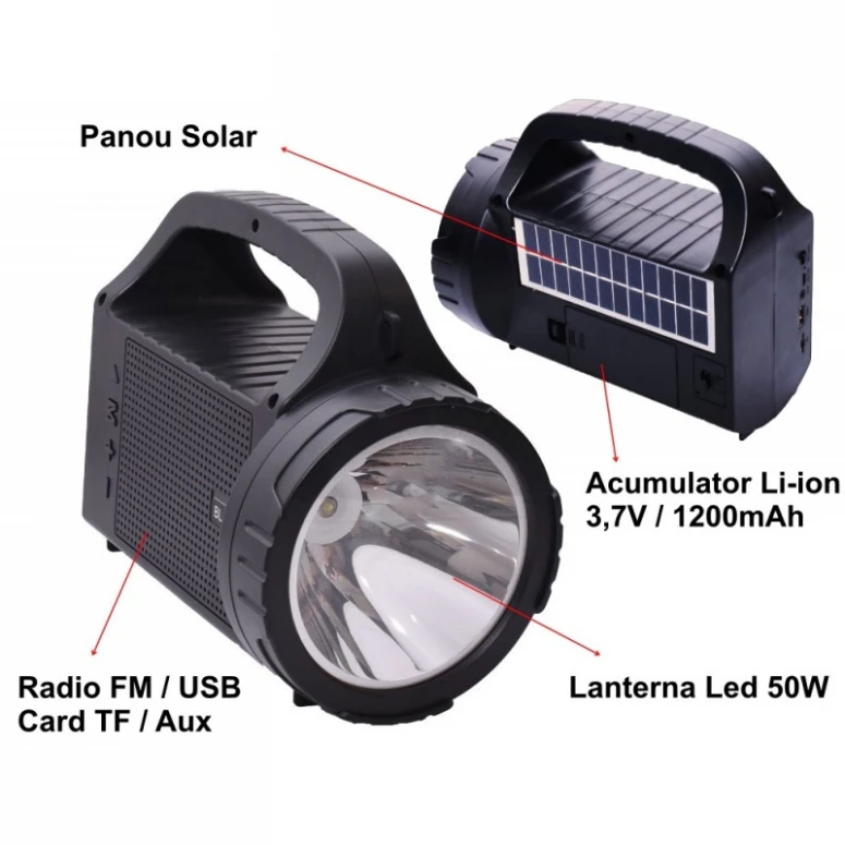 Lanterna Solara Multifunctionala cu led, 50W, Radio FM/ Card TF, Aux 3,5mm, USB si Panou solar pentru incarcare