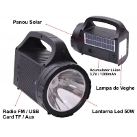 Lanterna Multifunctionala cu led, 50W, cu lampa de veghe, Radio FM/ Card TF, Aux 3,5mm, USB si Panou solar pentru incarcare